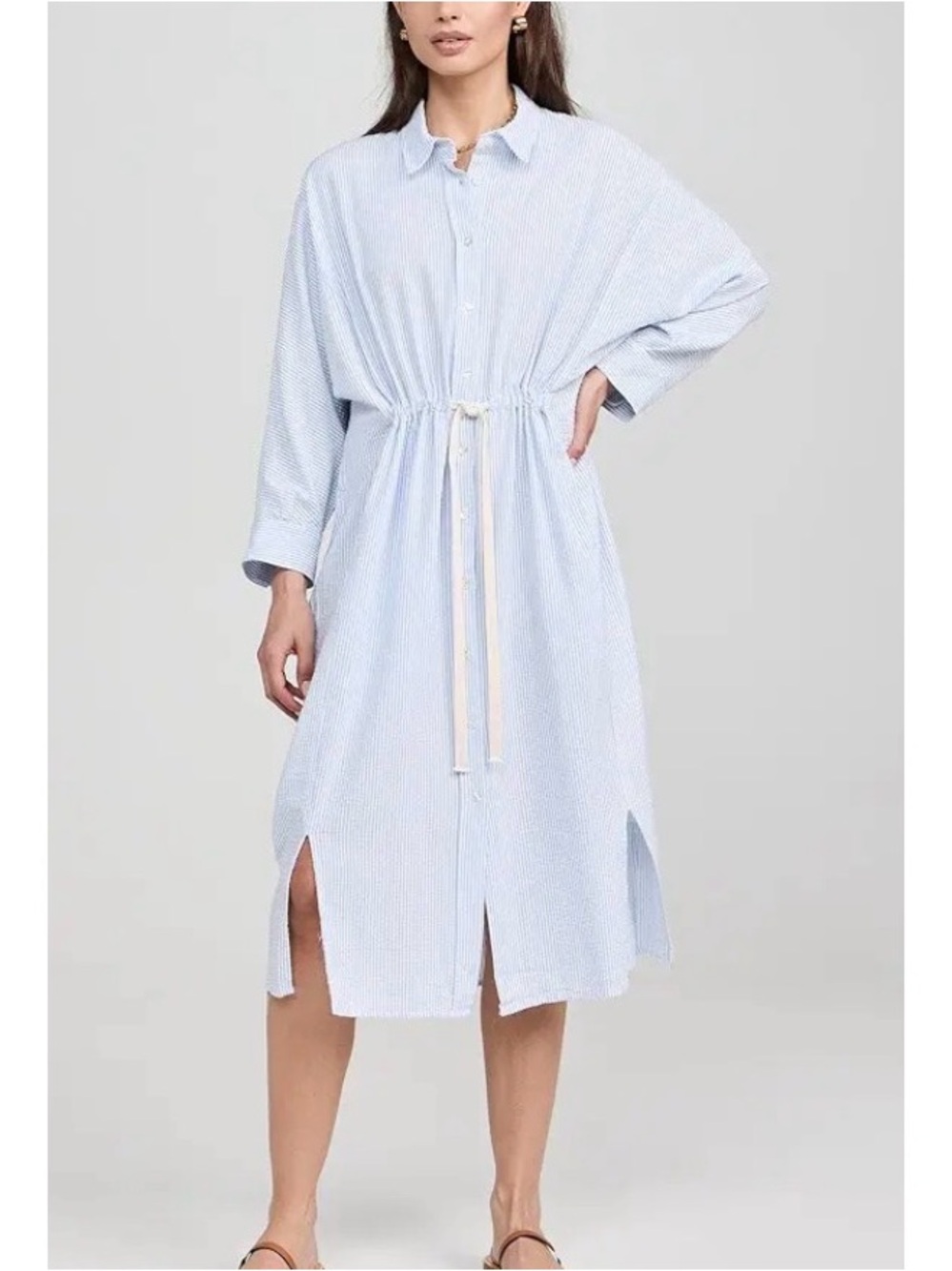 Nation LTD Irene Blue White Striped Seersucker Midi Dress Small S Shirtdress